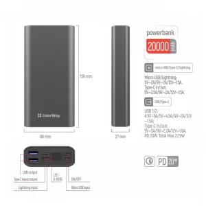 Зовнішній акумулятор ColorWay 20000mAh Gray (CW-PB200LPH3GR-PDD) UA