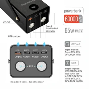 Зовнішній акумулятор ColorWay Powerful 60000mAh Black (CW-PB600LPA5BK-PDD) UA