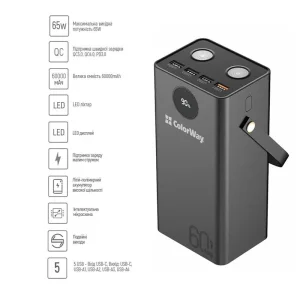 Зовнішній акумулятор ColorWay Powerful 60000mAh Black (CW-PB600LPA5BK-PDD) UA