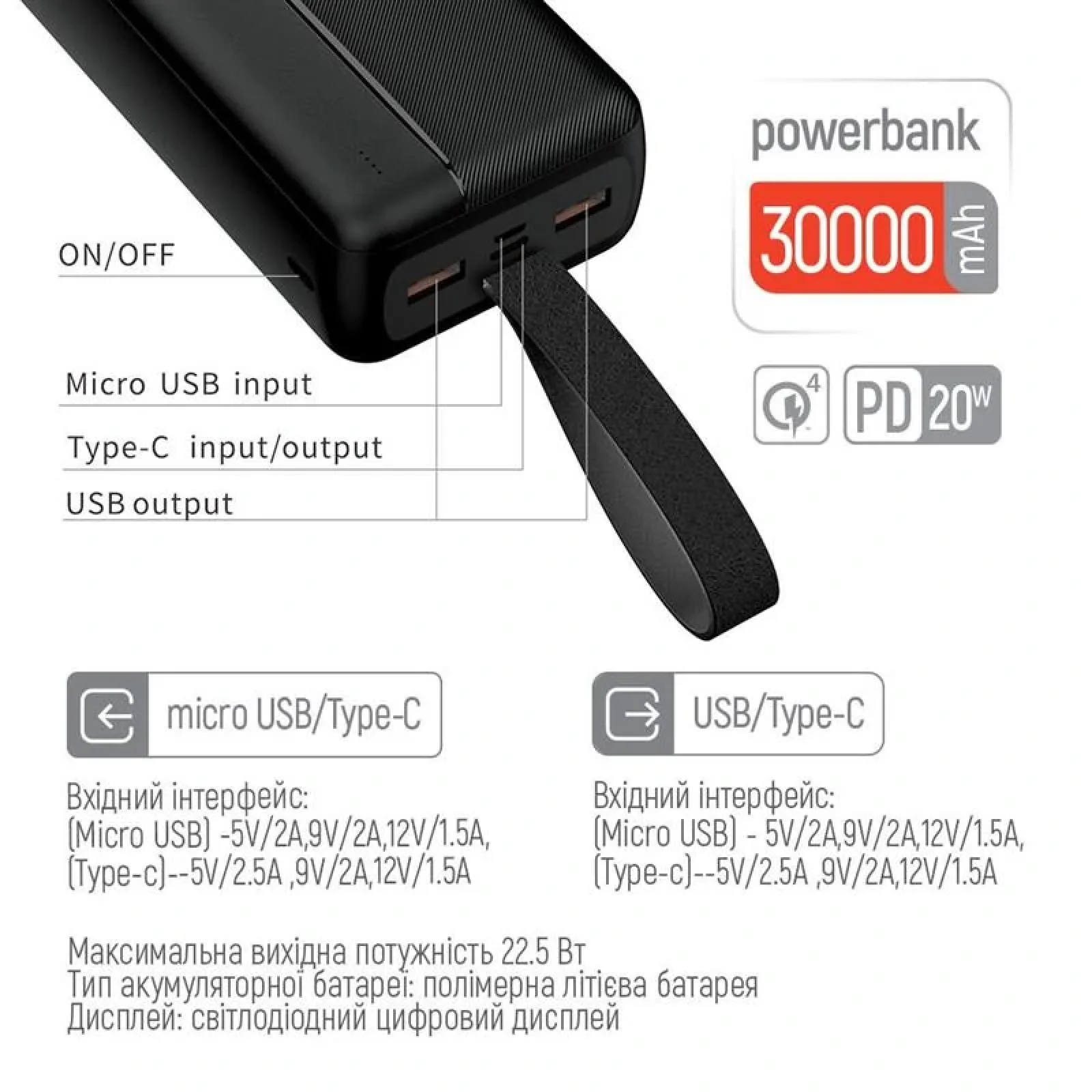 Зовнішній акумулятор ColorWay High-power 2 30000mAh Black (CW-PB300LPC2BK-PD) UA