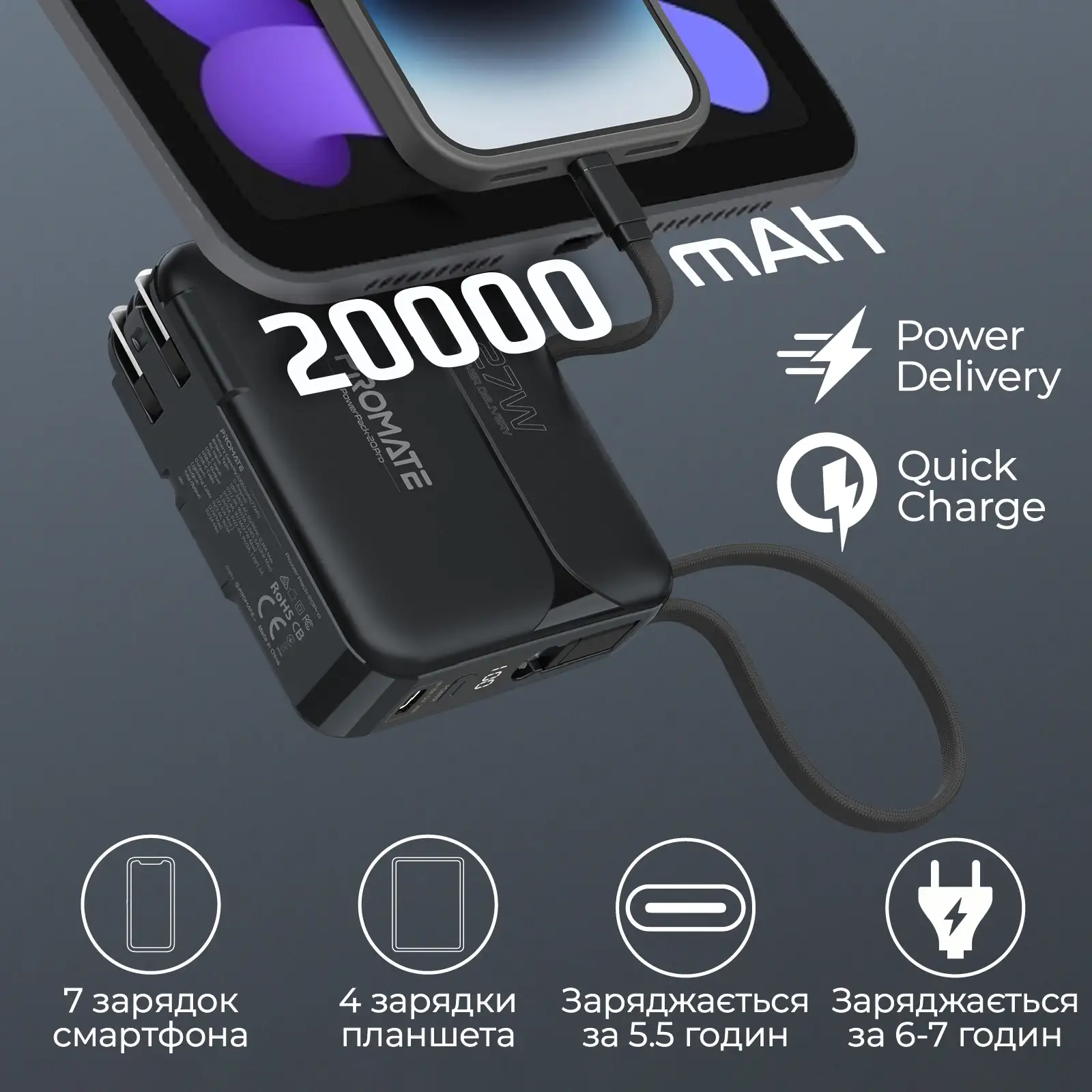 Зовнішній акумулятор Promate PowerPack-20Pro Black 20000mAh, powerpack-20pro.black UA