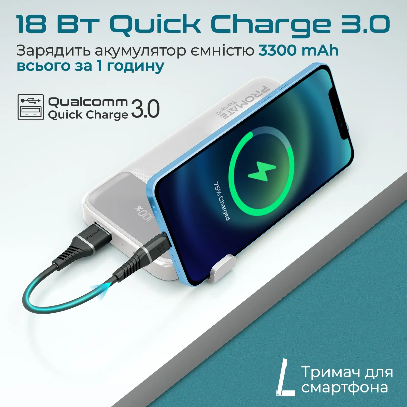 Зовнішній акумулятор Promate Torq-10 White 10000mAh, torq-10.white UA