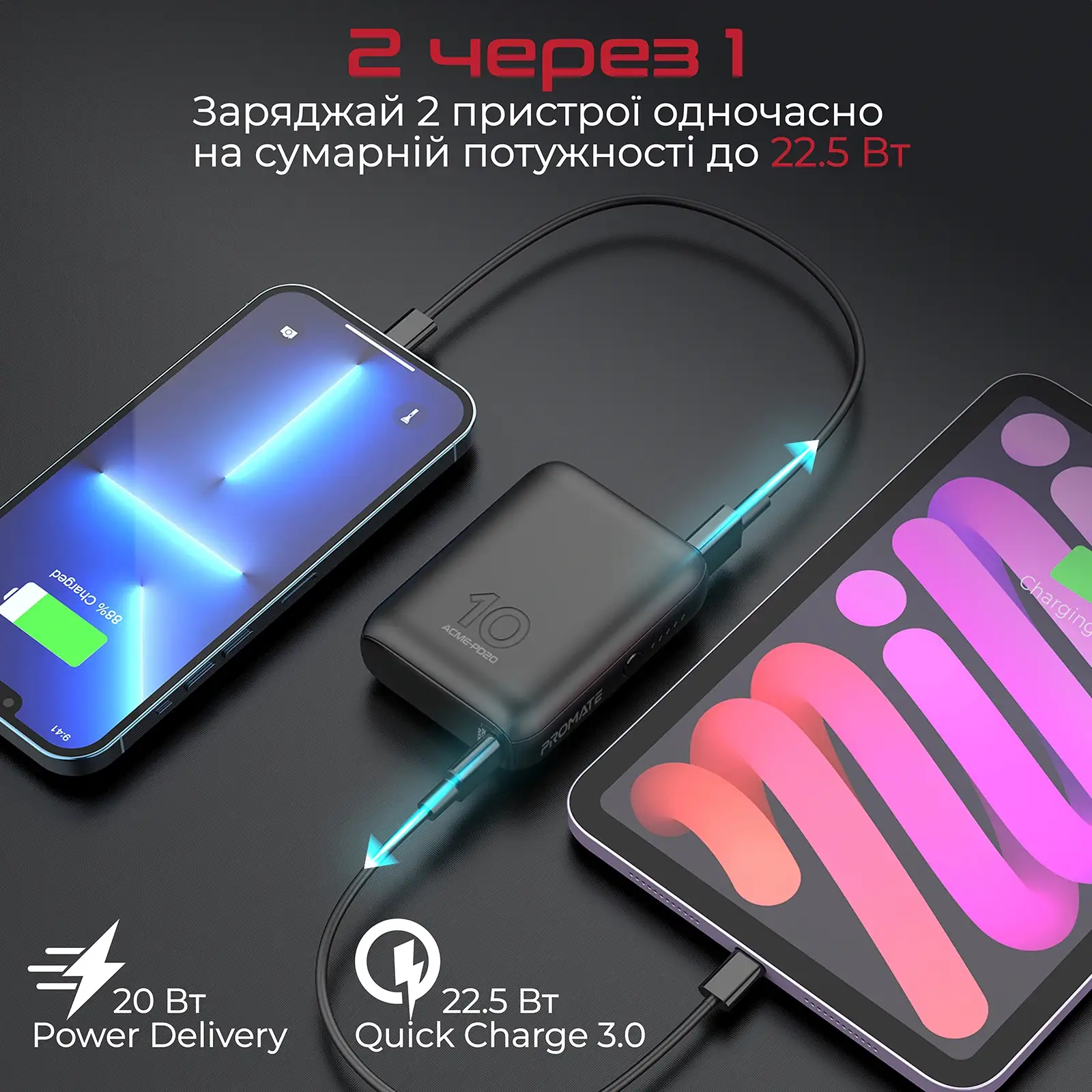 Зовнішній акумулятор Promate Acme-PD20 Black 10000mAh, acme-pd20.black UA