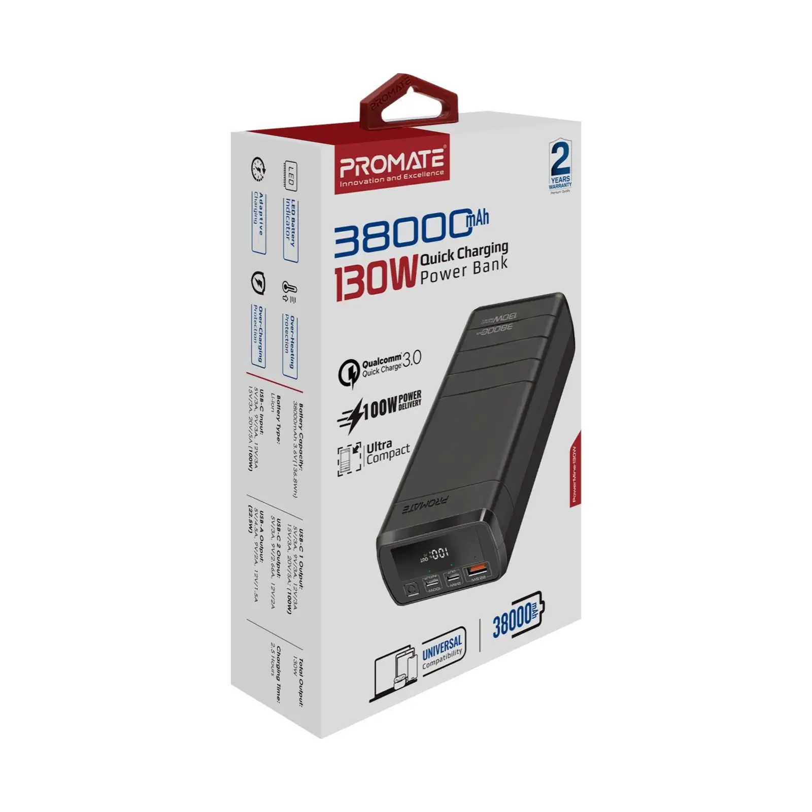 Внешний аккумулятор Promate PowerMine-130 Black 38000mAh, powermine-130.black UA
