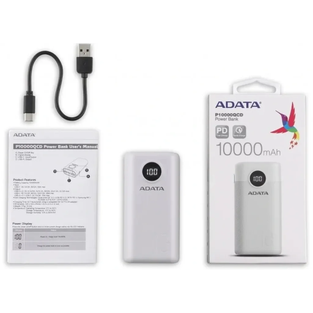 Зовнішній акумулятор A-DATA P10000QCD 10000mAh White (AP10000QCD-DGT-CWH) UA
