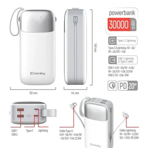 Зовнішній акумулятор ColorWay 30000mAh White (CW-PB300LPA4WT-PDD) UA