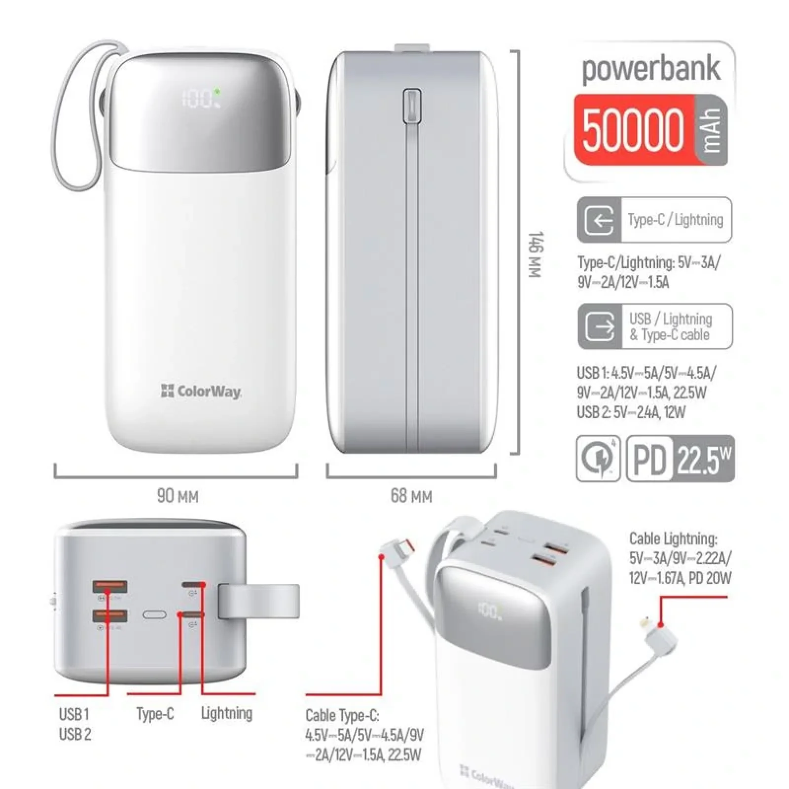 Зовнішній акумулятор ColorWay 50000mAh White (CW-PB500LPA4WT-PDD) UA