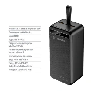 Зовнішній акумулятор ColorWay Powerful 40000mAh Black (CW-PB400LPA4BK-PDD) UA