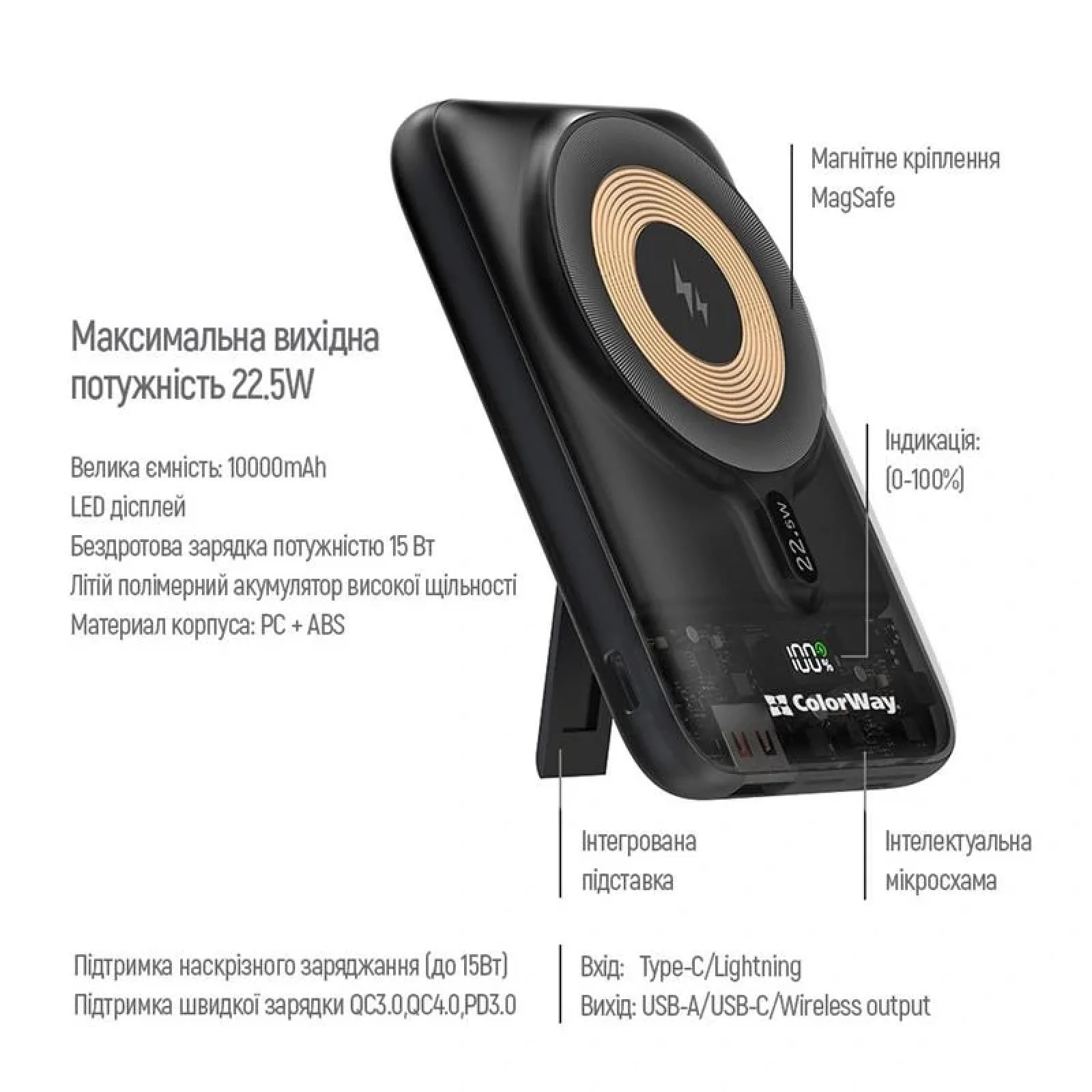 Зовнішній акумулятор ColorWay 15W MagSafe 10000mAh Black (CW-PB100LPA3BK-WPDD) UA
