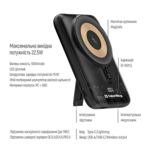 Зовнішній акумулятор ColorWay 15W MagSafe 10000mAh Black (CW-PB100LPA3BK-WPDD) UA