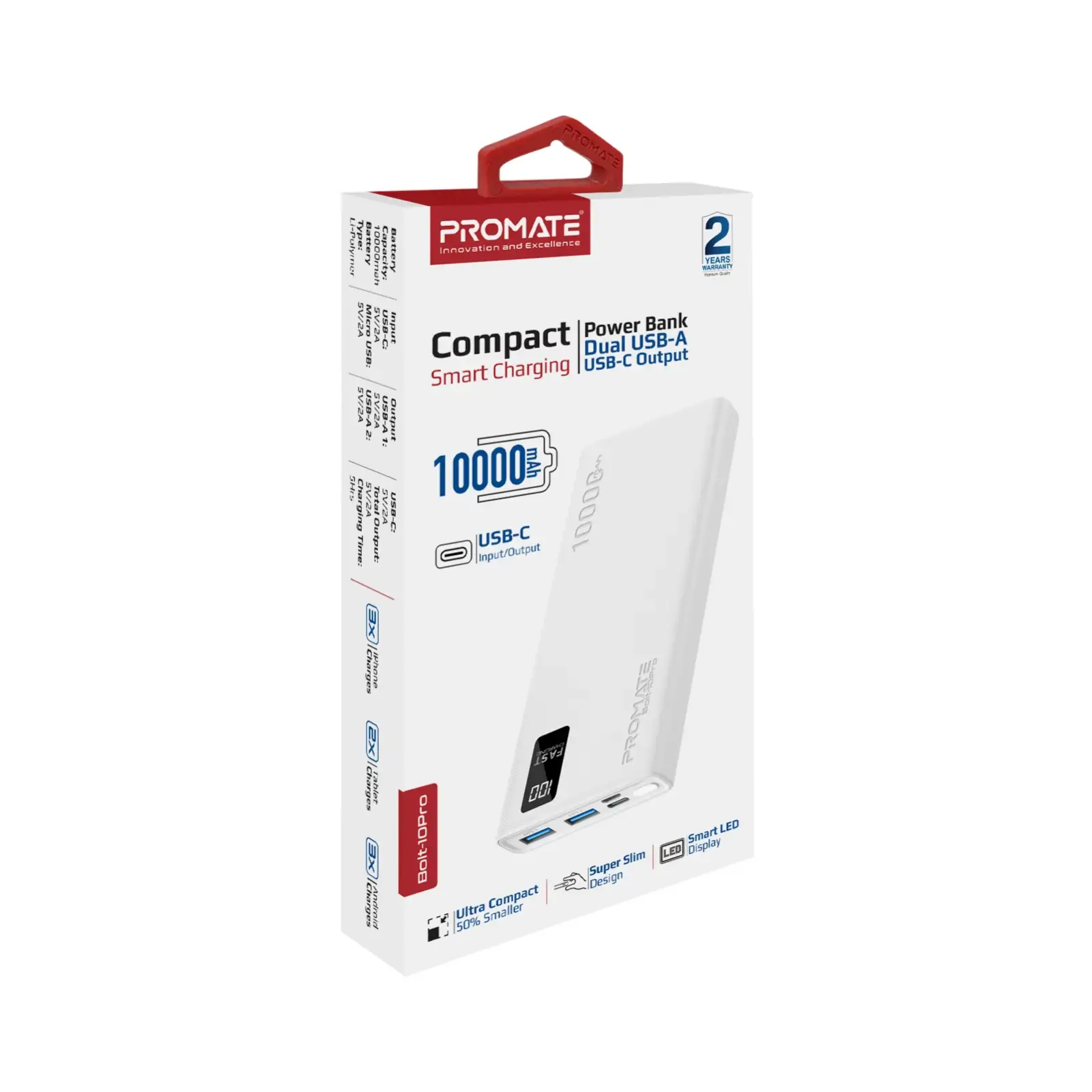 Внешний аккумулятор Promate Bolt-10Pro White 10000mAh, bolt-10pro.white UA