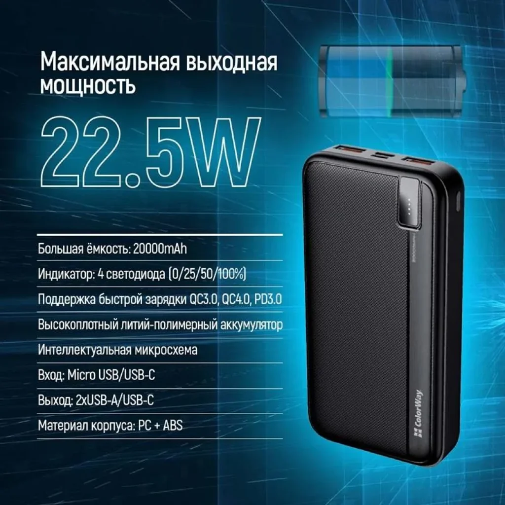 Зовнішній акумулятор ColorWay High-power 20000mAh Black (CW-PB200LPA4BK-PD) UA