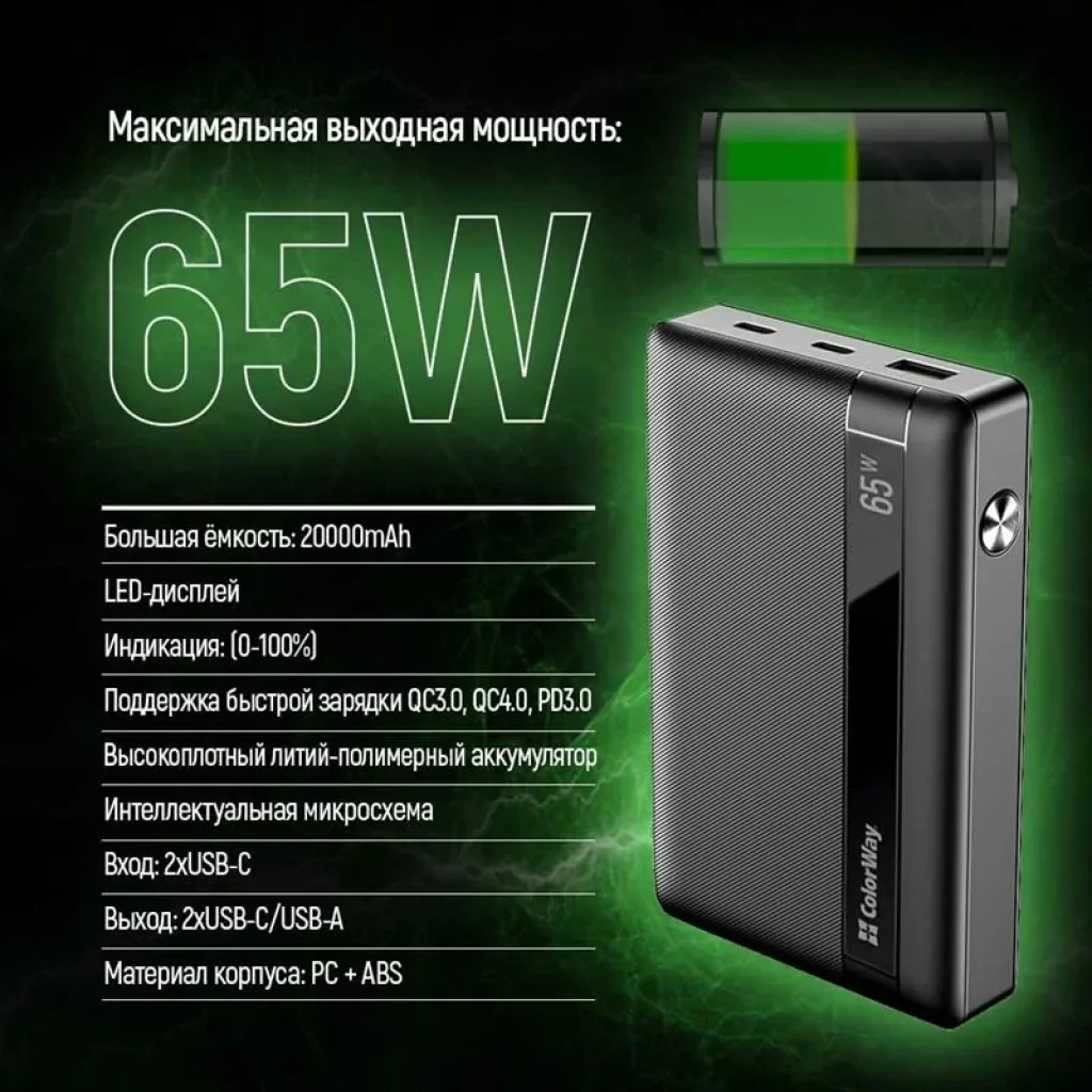 Зовнішній акумулятор ColorWay Powerful 20000mAh Black (CW-PB200LPA3BK-PDD) UA