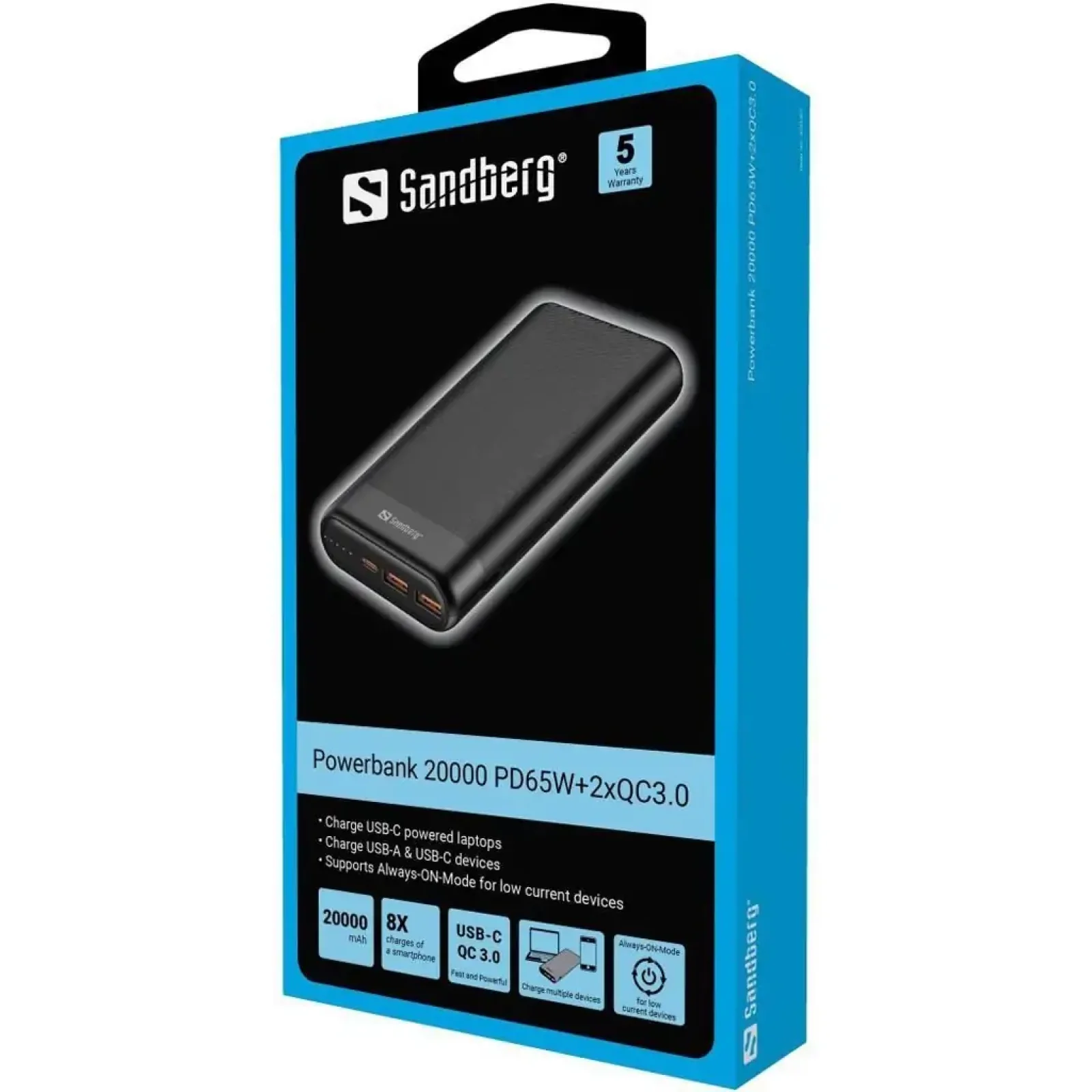 Внешний аккумулятор Sandberg Powerbank 20000mAh PD 65W Black (420-62) UA