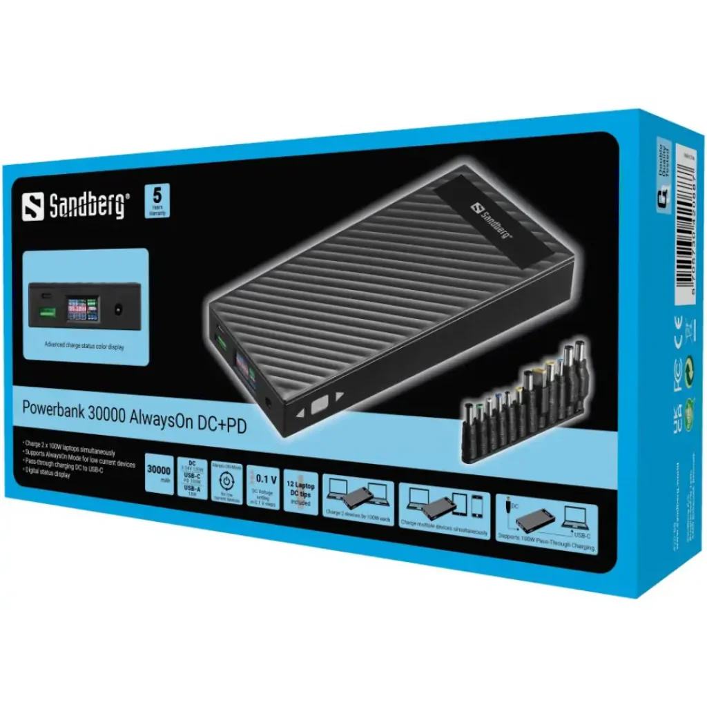 Зовнішній акумулятор Sandberg AlwaysOn Powerbank 30000mAh DC+PD 120W Black (420-88) UA