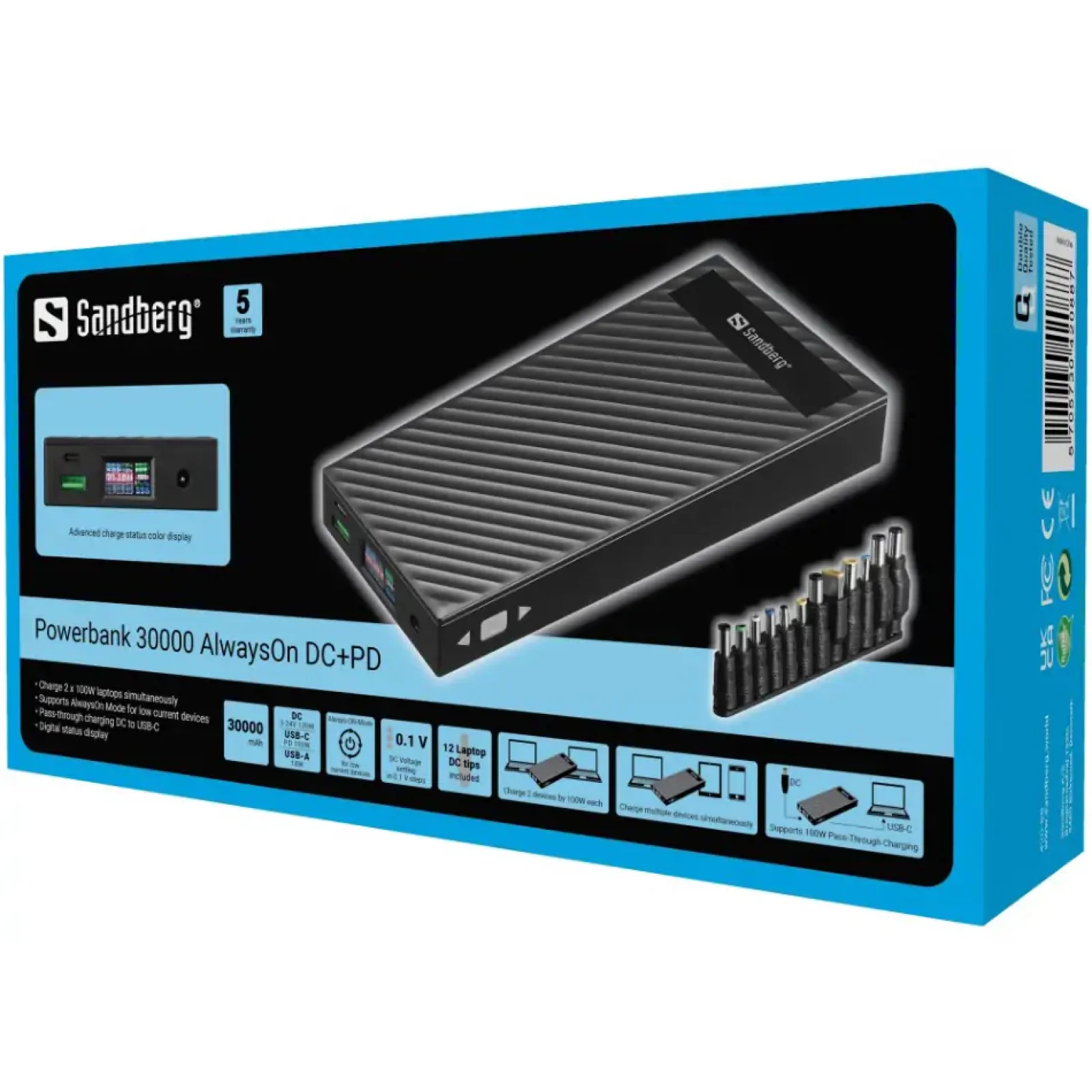 Внешний аккумулятор Sandberg AlwaysOn Powerbank 30000mAh DC+PD 120W Black (420-88) UA