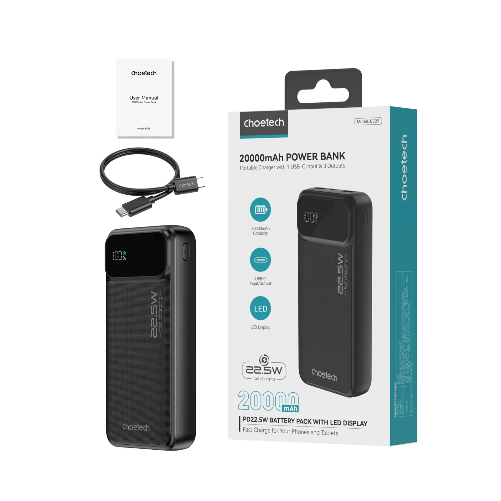 Зовнішній акумулятор Choetech B729 20000mAh Black (B729-BK) UA