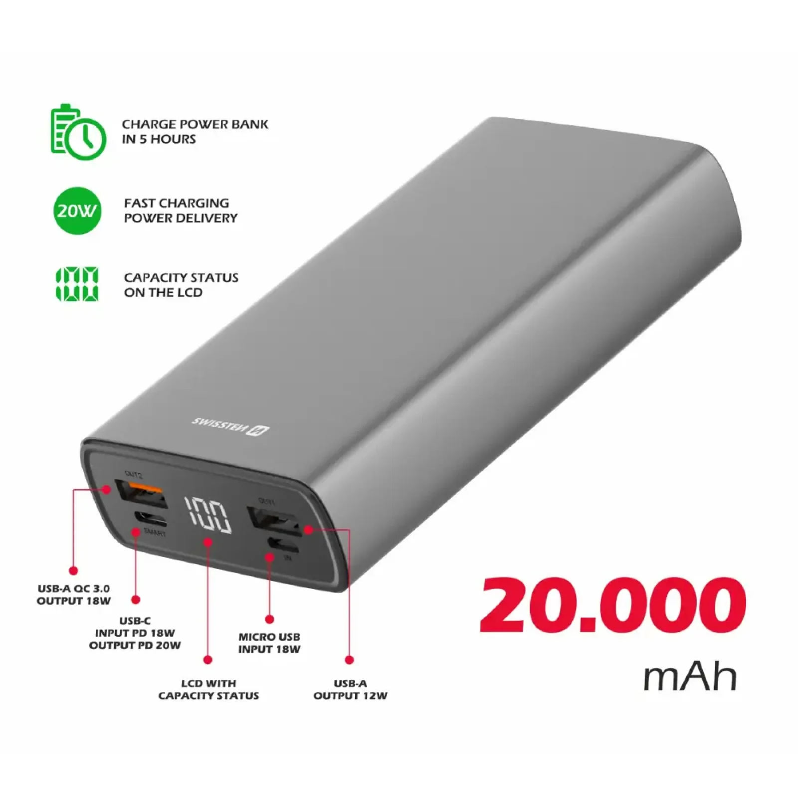 Зовнішній акумулятор Swissten 20000mAh 20W Grey (8595217479852) UA