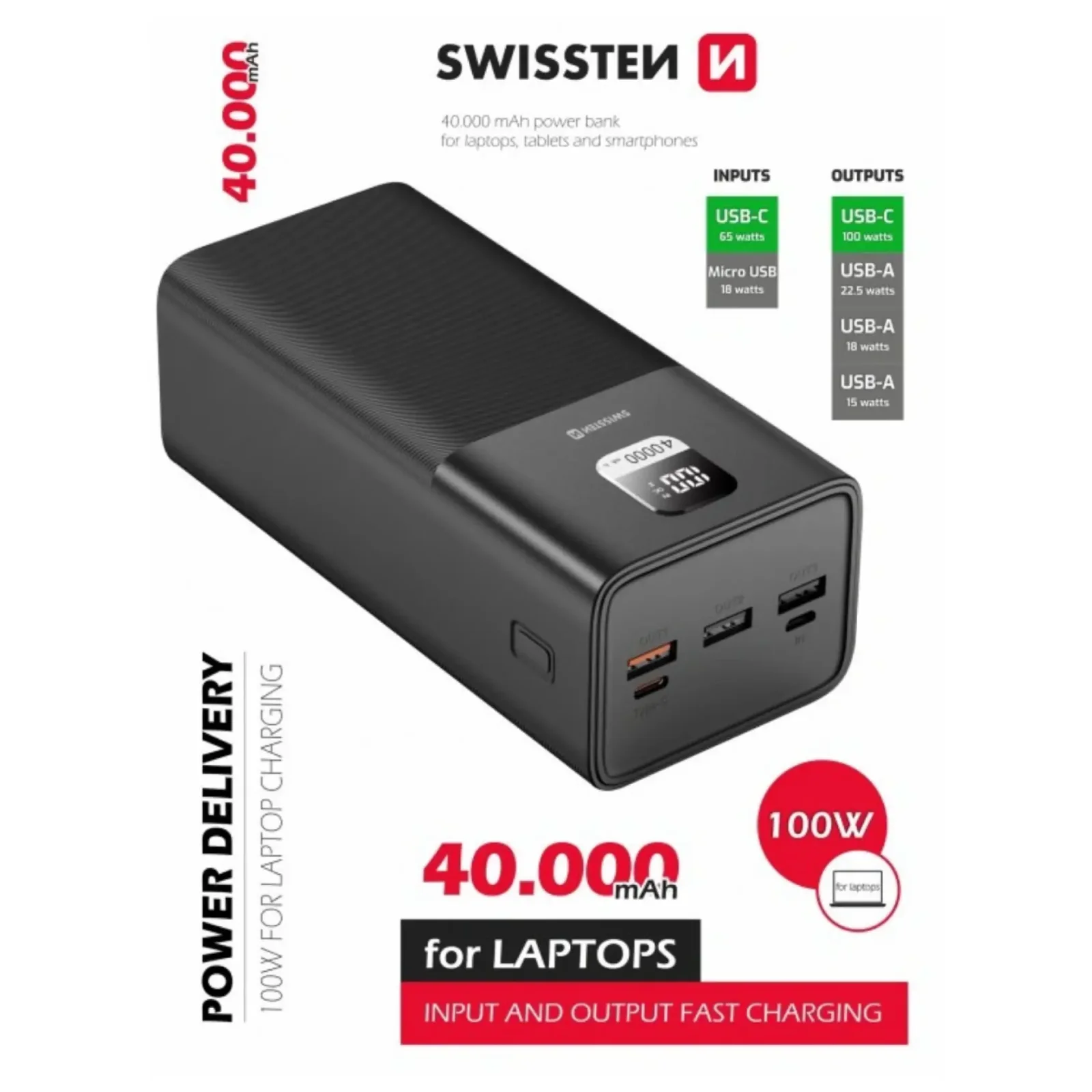 Зовнішній акумулятор Swissten 40000mAh 100W Black (8595217481275) UA