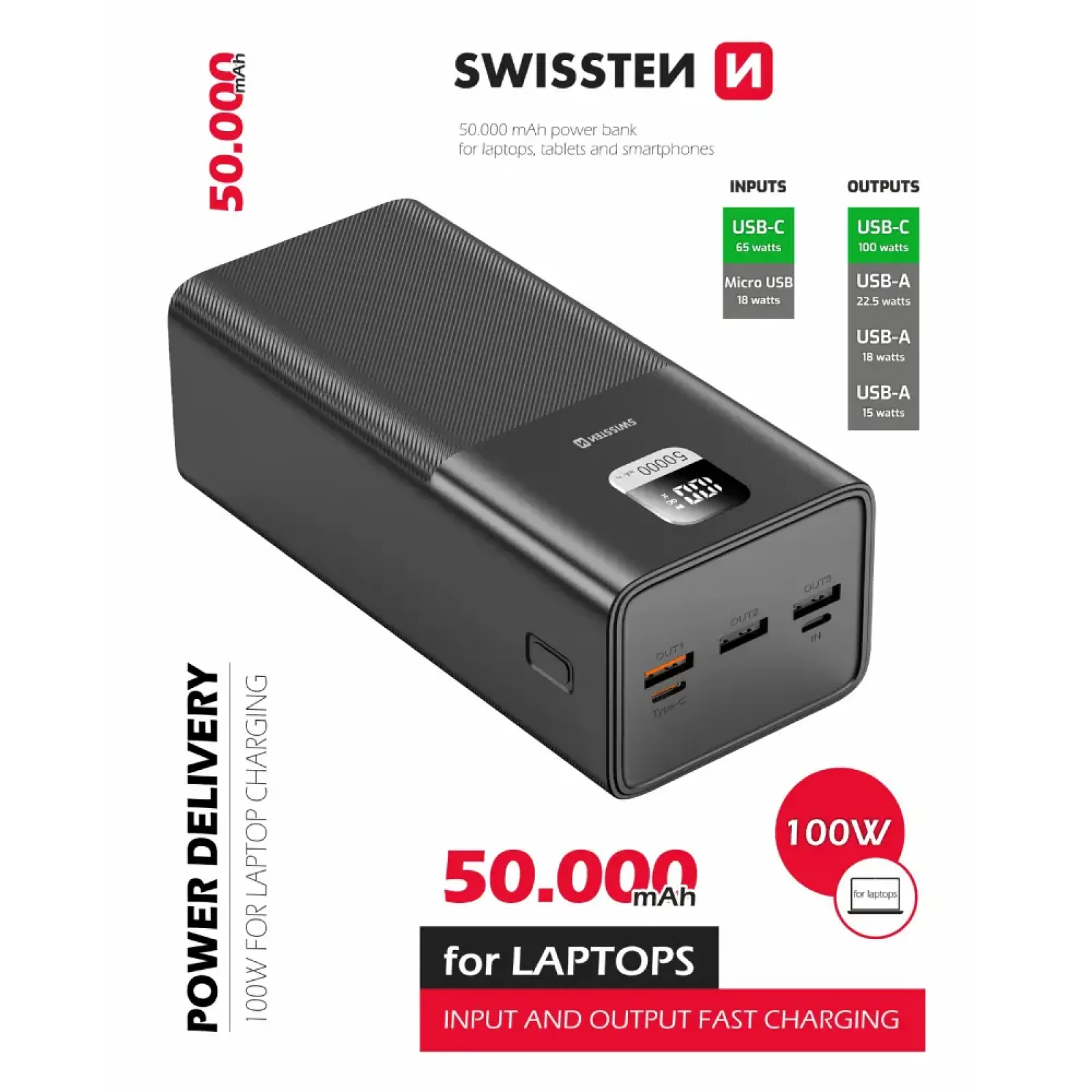 Зовнішній акумулятор Swissten 50000mAh 100W Black (8595217481282) UA