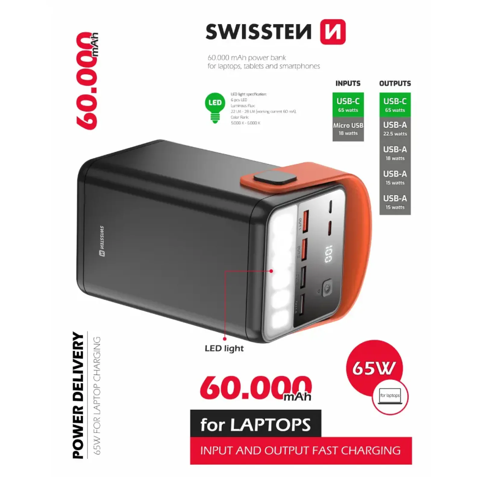 Зовнішній акумулятор Swissten 60000mAh 65W Black (8595217481299) UA