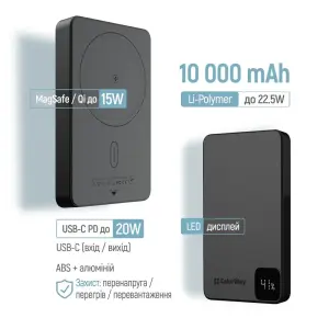 Внешний аккумулятор ColorWay 15W MagSafe 10000mAh Black (CW-PB100LPA1BK-WPDD) UA