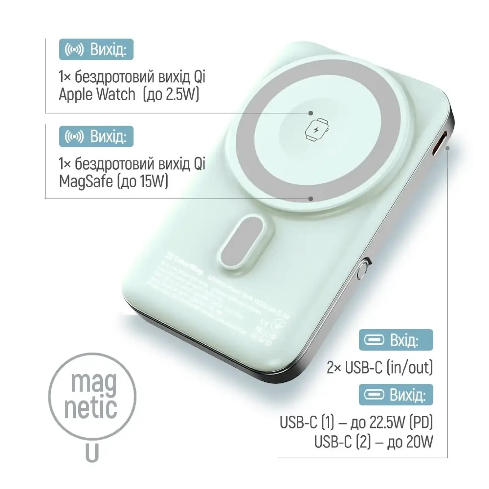 Внешний аккумулятор ColorWay 15W MagSafe & Watch Wireless 10000mAh Aquamarine (CW-PB100LPA2MT-WPDD) UA