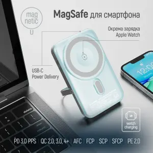 Внешний аккумулятор ColorWay 15W MagSafe & Watch Wireless 10000mAh Aquamarine (CW-PB100LPA2MT-WPDD) UA
