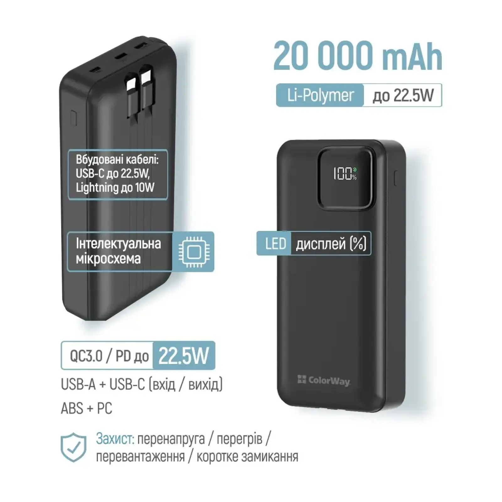 Зовнішній акумулятор ColorWay Optimal Power 20000mAh Black (CW-PB200LPB5BK-PDD) UA