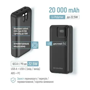 Зовнішній акумулятор ColorWay Optimal Power 20000mAh Black (CW-PB200LPB5BK-PDD) UA