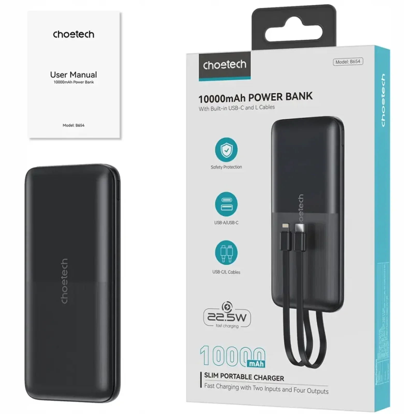 Зовнішній акумулятор Choetech 10000mAh 22.5W Black (B654-BK) UA