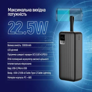 Зовнішній акумулятор ColorWay Digital Display 30000mAh Black (CW-PB300LPC5BK-PDD) UA