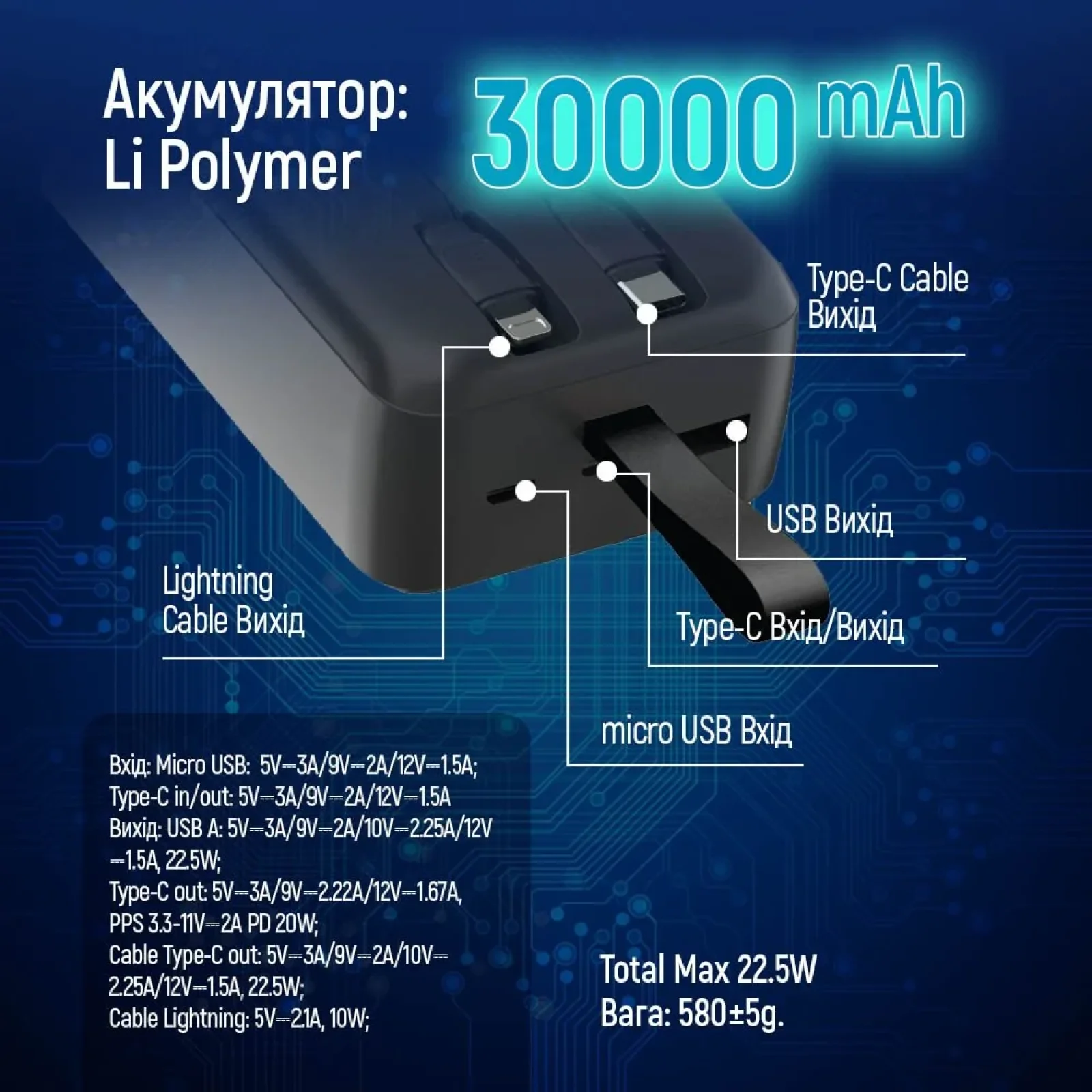 Зовнішній акумулятор ColorWay Digital Display 30000mAh Black (CW-PB300LPC5BK-PDD) UA