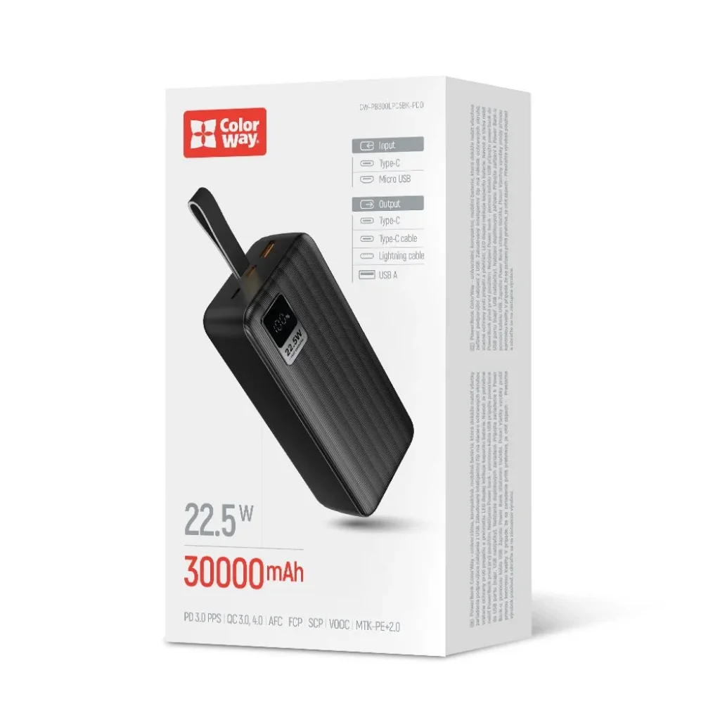 Зовнішній акумулятор ColorWay Digital Display 30000mAh Black (CW-PB300LPC5BK-PDD) UA