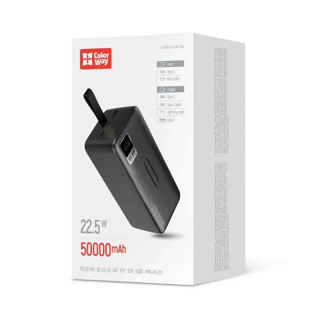 Зовнішній акумулятор ColorWay Digital Display 50000mAh Black (CW-PB500LPC5BK-PDD) UA