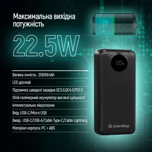 Зовнішній акумулятор ColorWay EnergyPlus 20000mAh Black (CW-PB200LPB4BK-PDD) UA
