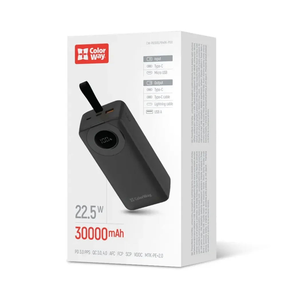 Зовнішній акумулятор ColorWay EnergyPlus 30000mAh Black (CW-PB300LPB4BK-PDD) UA
