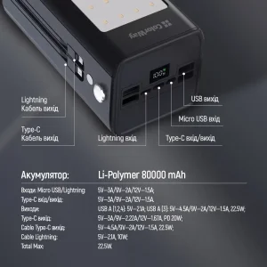 Зовнішній акумулятор ColorWay LCD/Lamp 80000mAh Black (CW-PB800LPA8BK-PDD) UA