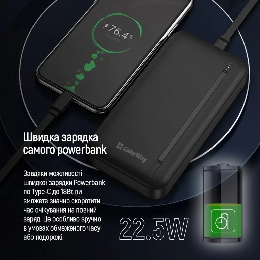 Зовнішній акумулятор ColorWay Portable Charger 20000mAh Black (CW-PB200LPB4BK-PD) UA