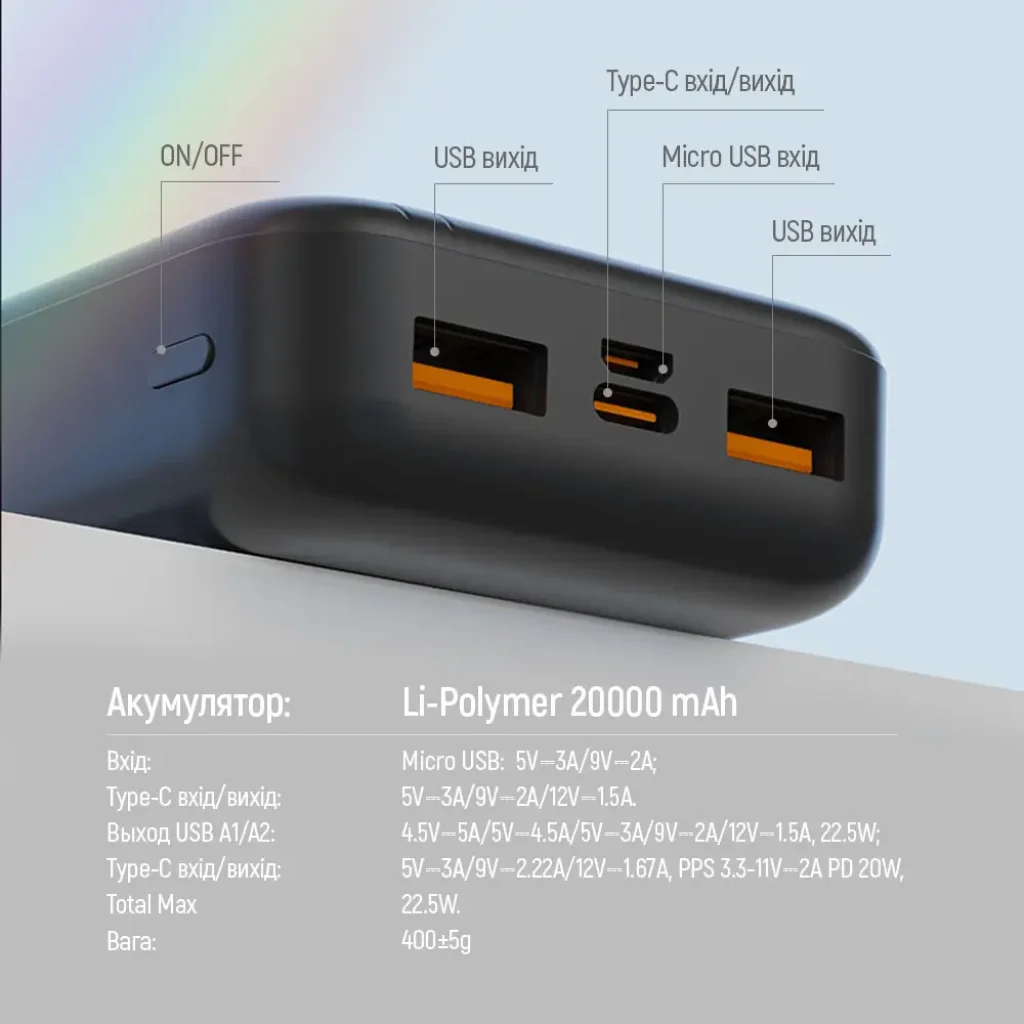 Зовнішній акумулятор ColorWay Portable Charger 20000mAh Black (CW-PB200LPB4BK-PD) UA