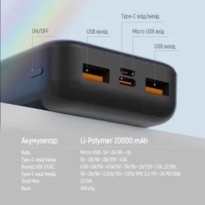 Зовнішній акумулятор ColorWay Portable Charger 20000mAh Black (CW-PB200LPB4BK-PD) UA
