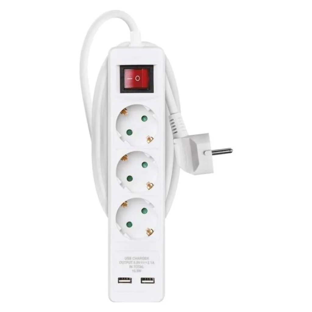 Фильтр питания Emos (P1322RU) с выключателем, 2xUSB, 3 розетки, 2м, White UA
