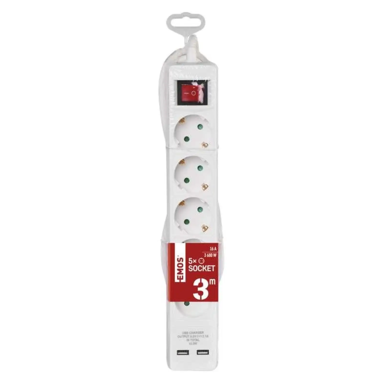 Фильтр питания Emos (P1523RU) с выключателем, 2xUSB, 5 розеток, 1.5мм2, 3м, White UA