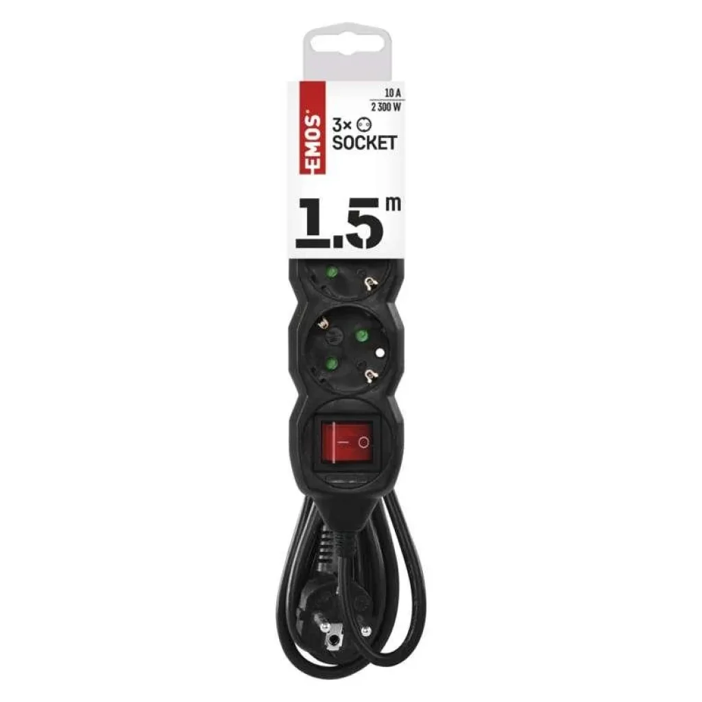 Фильтр питания Emos (PC1321R) с выключателем, 3 розетки, 1.5м, Black UA