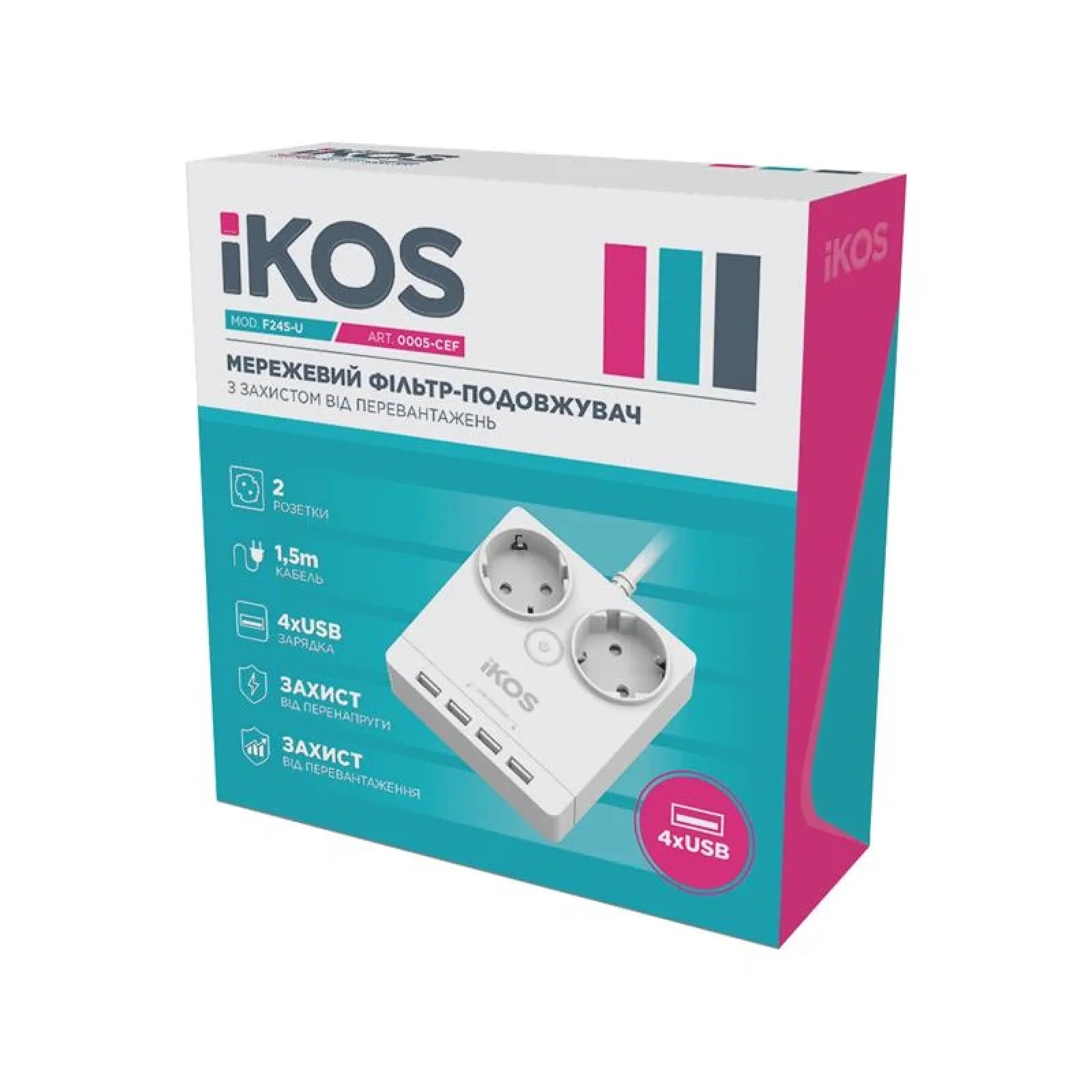 Сетевой фильтр-удлинитель IKOS F24S-U White (0005-CEF) UA