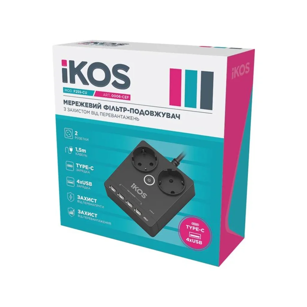 Сетевой фильтр-удлинитель IKOS F25S-CU Black (0006-CEF) UA