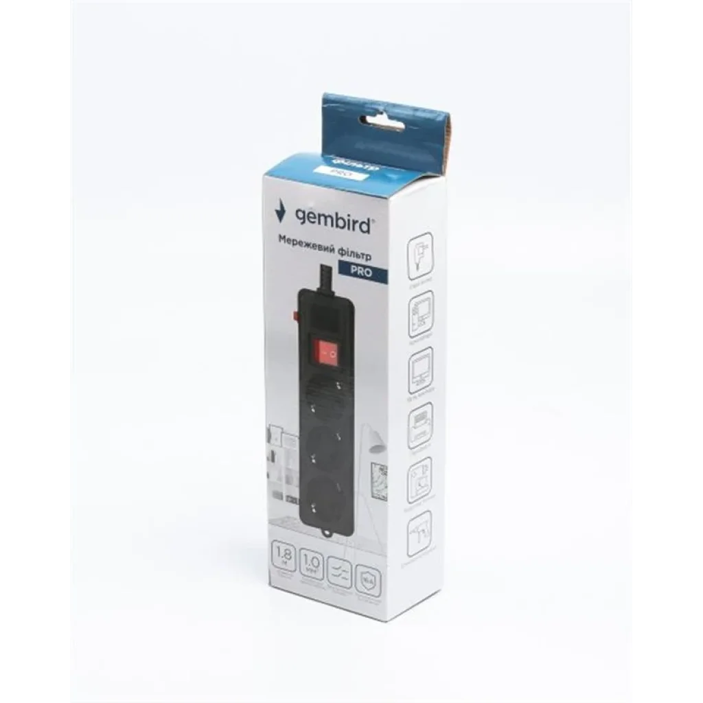 Фільтр живлення Gembird Pro (SPG3-G-6B-PRO) 3 розетки, 1.8м, чорний UA