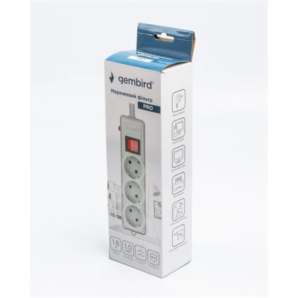 Фільтр живлення Gembird Pro (SPG3-G-6G-PRO) 3 розетки, 1.8м, сірий UA