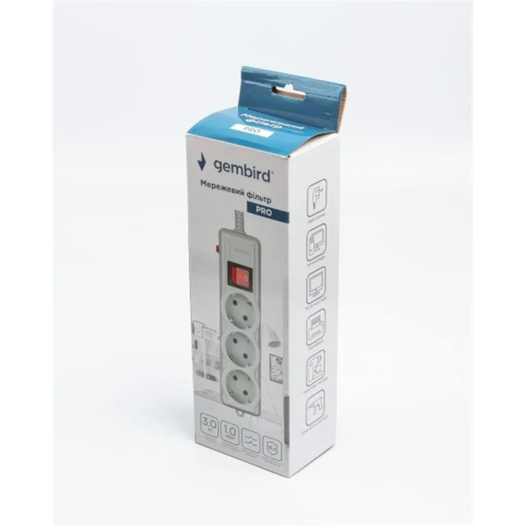 Фильтр питания Gembird Pro (SPG3-G-10G-PRO) 3 розетки, 3м, серый UA