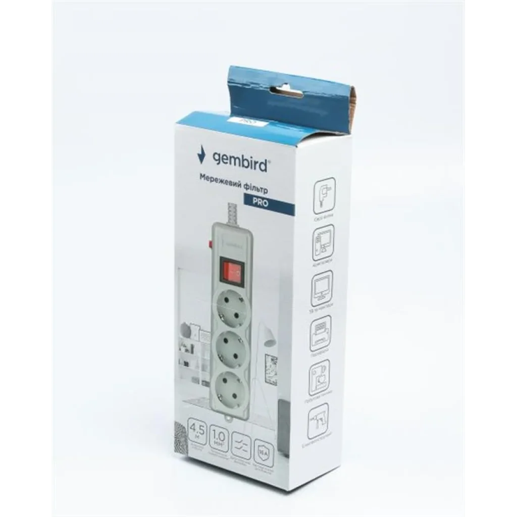 Фільтр живлення Gembird Pro (SPG3-G-15G-PRO) 3 розетки, 4.5м, сірий UA